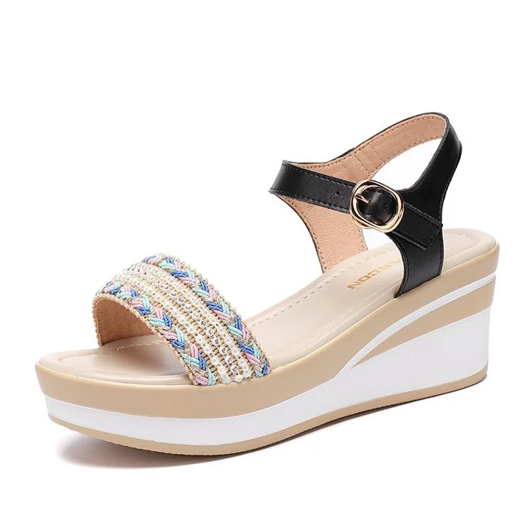 Yyvonne Sandals And High-Heeled Roman Pine Cream Sandals Round Head Water Drill Bohemian Sandals