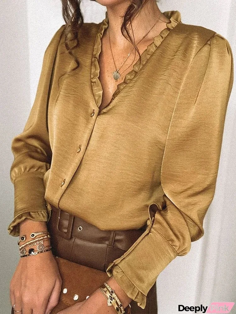 Simple Long Sleeves Buttoned Lace-Up V-Neck Blouses&Shirts Tops