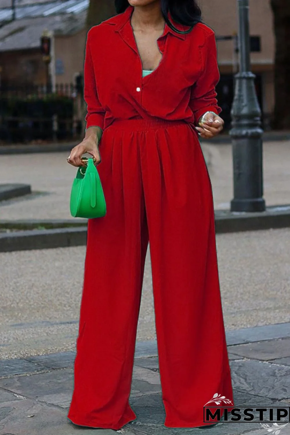 Green Casual Solid Patchwork Shirt Collar Long Sleeve Two Pieces