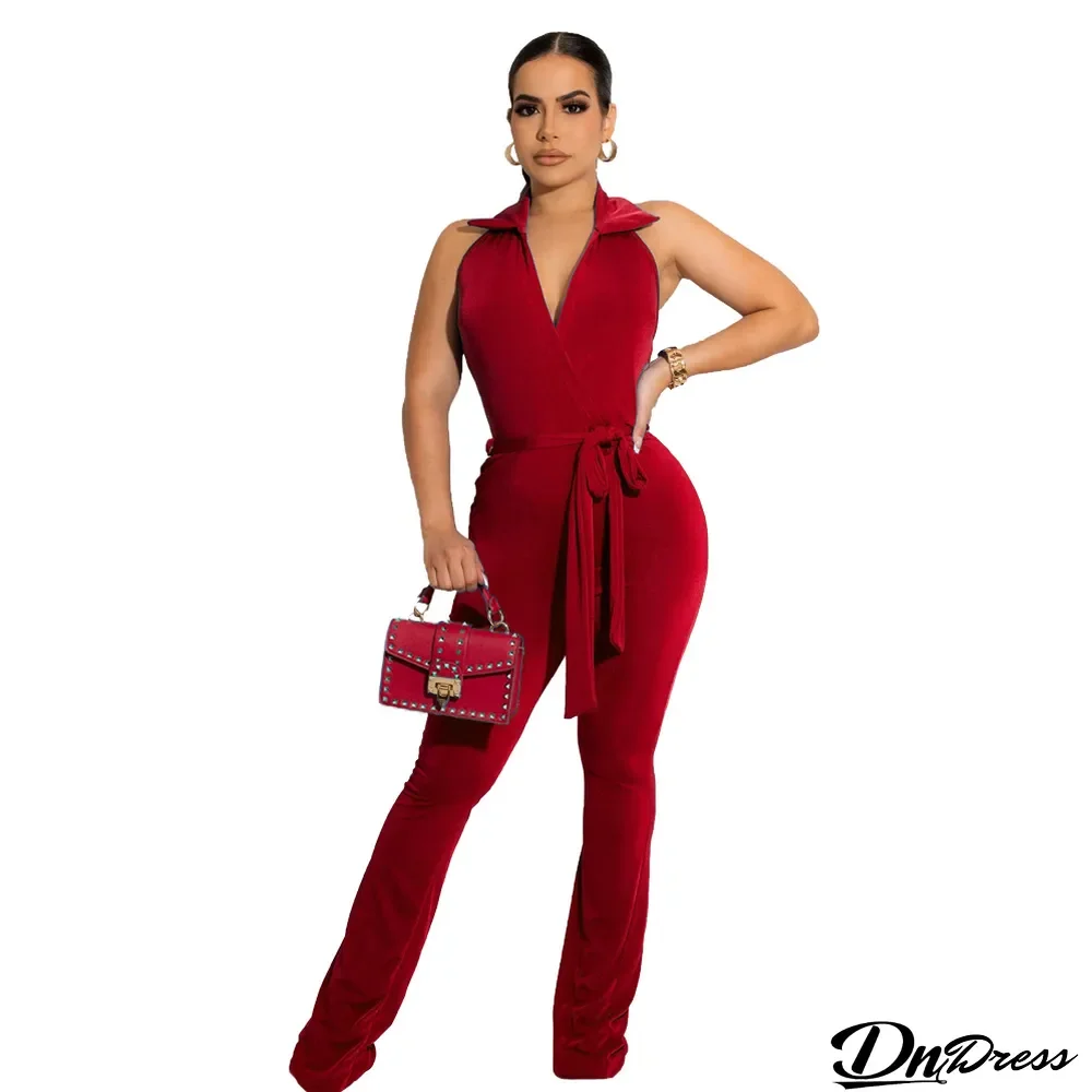 Women'S Turndown Collar Low Back Sleeveless Wide Leg Jumpsuit With Belt