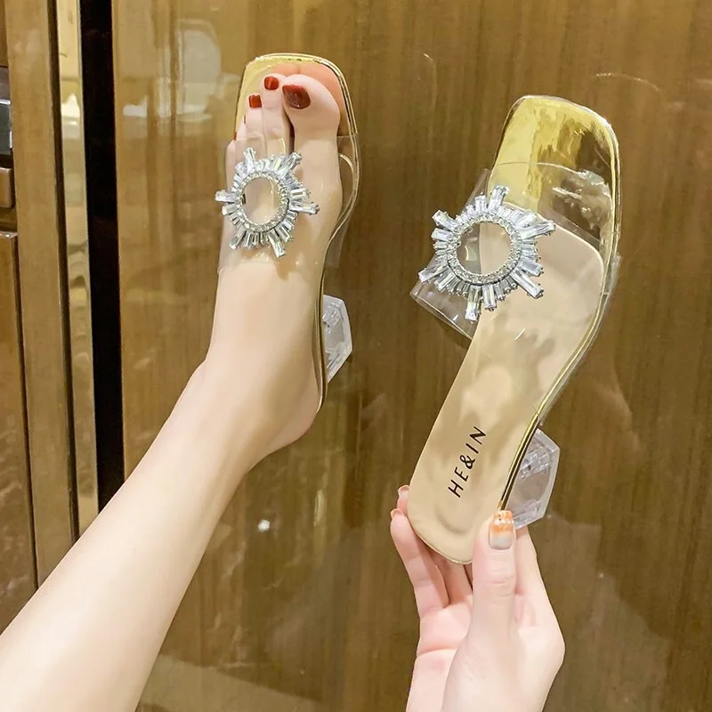 Summer Slippers Women Shoes Woman New Clear Transparent Crystal Mules Bow Knot Thick High Heels Sexy Ladies Shoes Plus Size 45