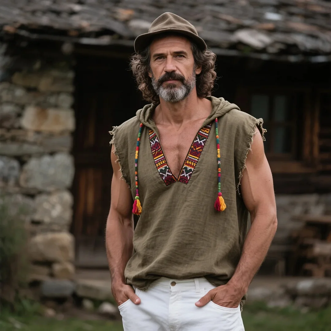  Bohemian Sleeveless Hoodie with Embroidered Details for Men-inspireuse