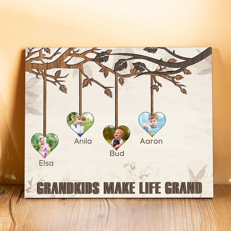 Personalized Family Tree Wall Art Frame Custom 4 Names 4 Photos Wood Panel Painting Wooden Gift for Family 