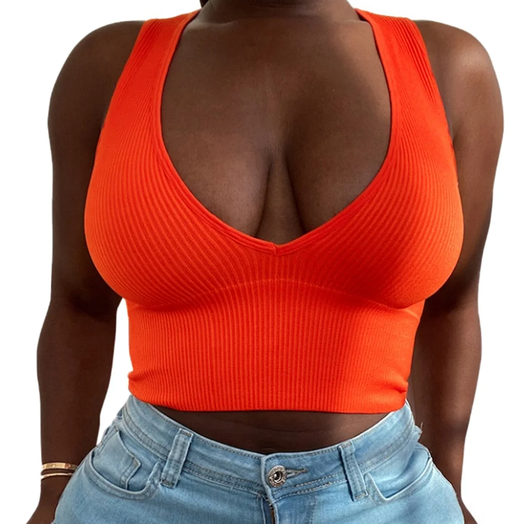 Women Summer Sports Vest Solid Color Straps Ribbed Crop Tops Casual Slim Fit V-Neck Low Cut Sleeveless Tank Tops