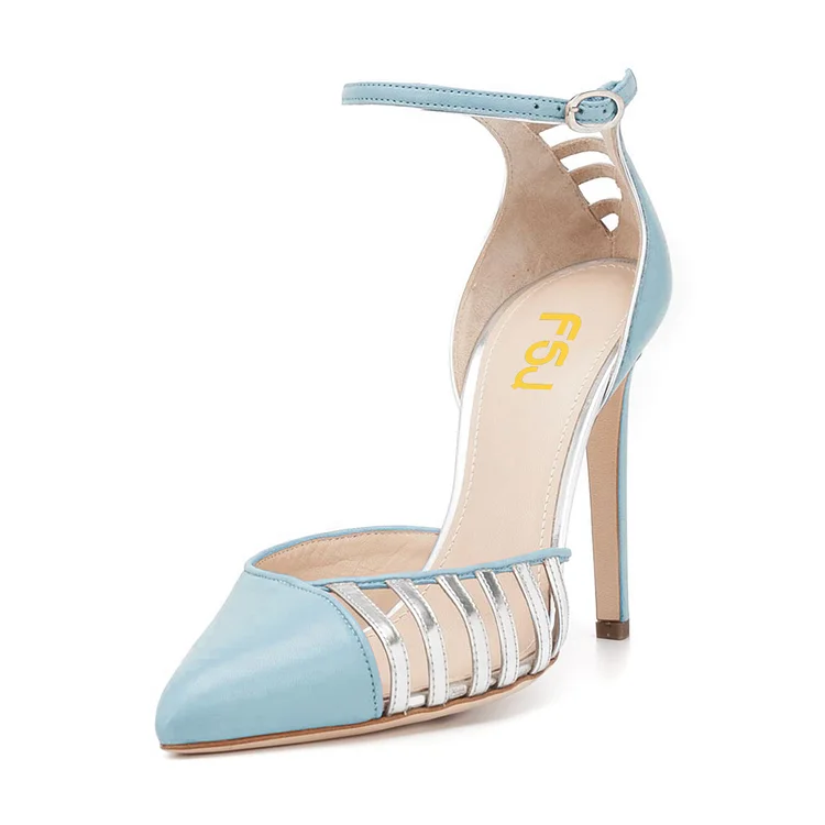 Light Blue Pointy Toe Ankle Strap Heels Hollow Out Stiletto Heel Pumps |FSJ Shoes