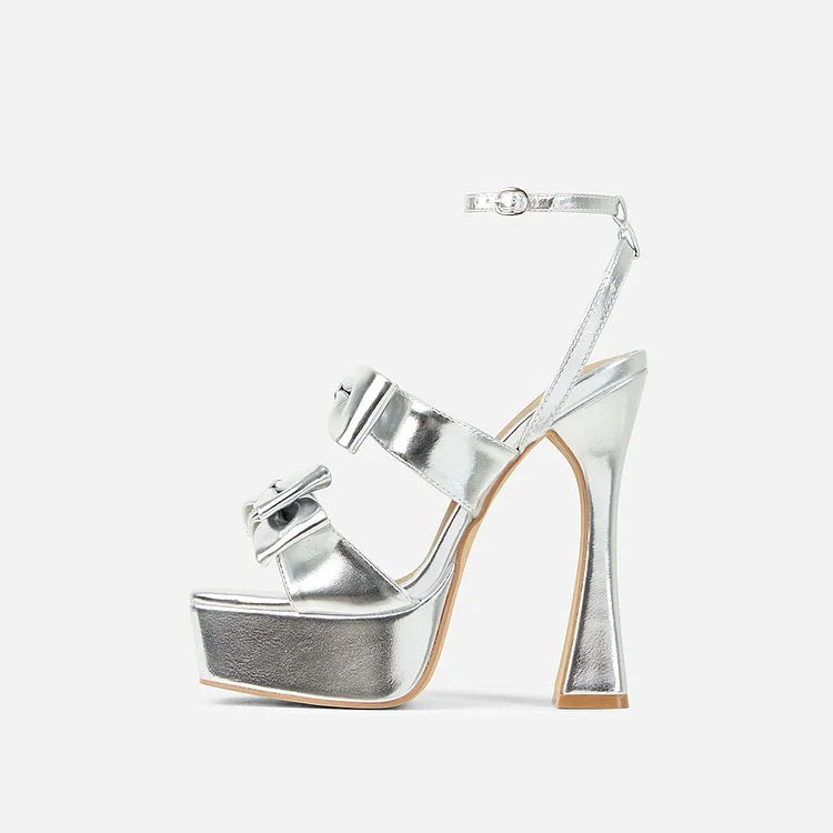 Silver Square Toe Ankle Strap Heels Double Bows Platform Sandals |FSJ Shoes