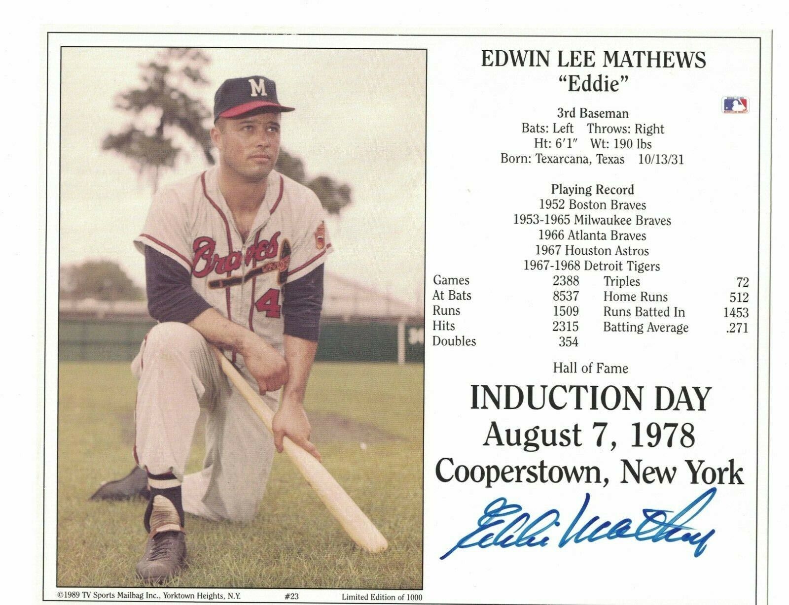 Eddie Mathews Milwaukee Braves Signed 8x10 HOF Photo Poster painting Card W/Our COA