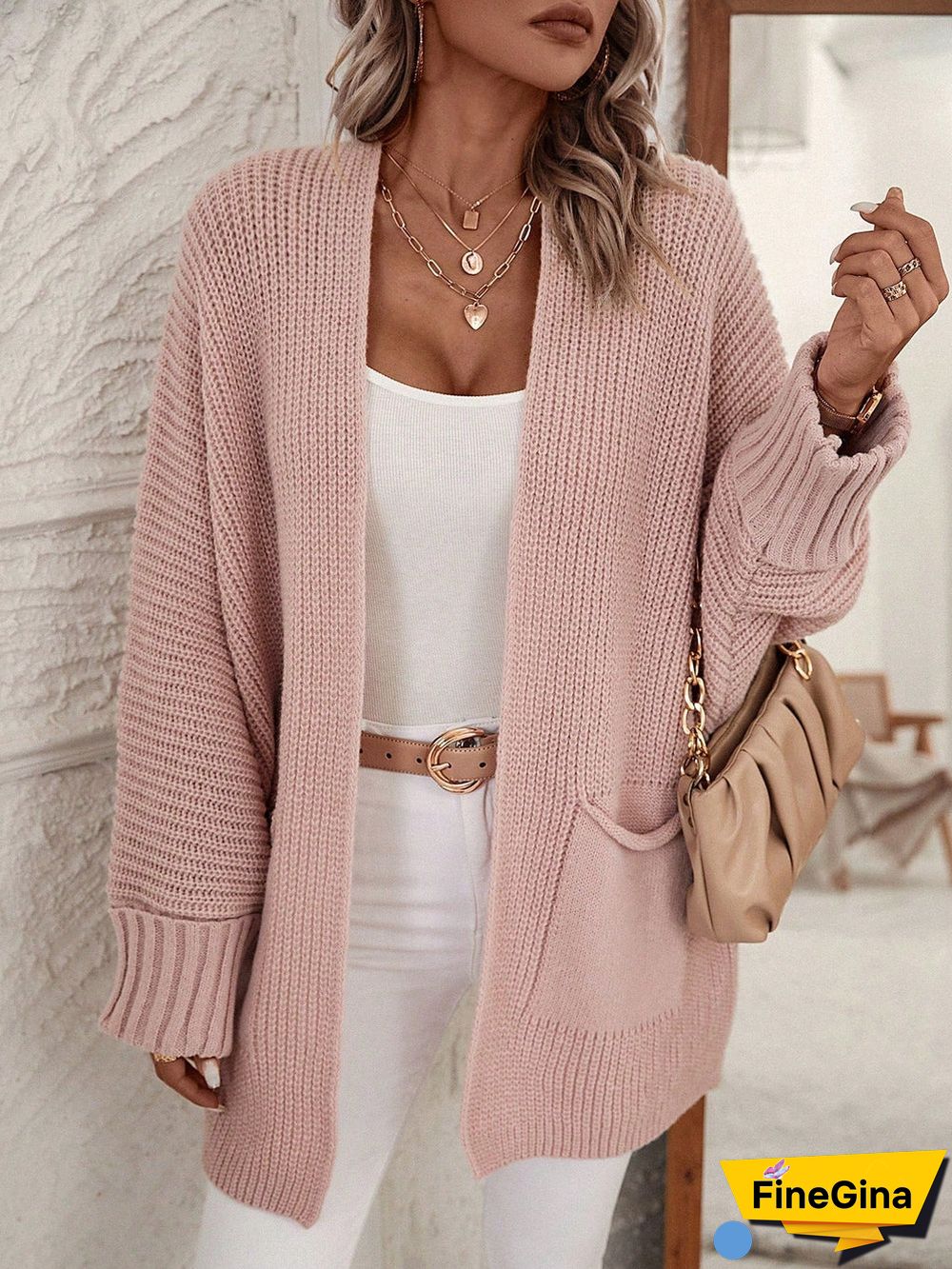 Pink Plain Side Pocket Cardigan