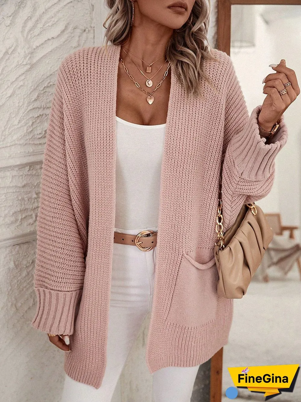 Pink Plain Side Pocket Cardigan