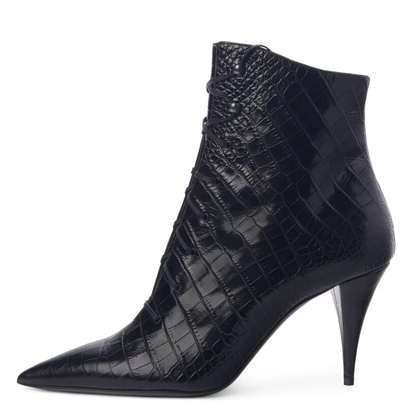 TAAFO Crocodile Embossed Woman Ankle Boots Pointed Toe High Thin Heels Large Size 10 14 Ladies Shoes