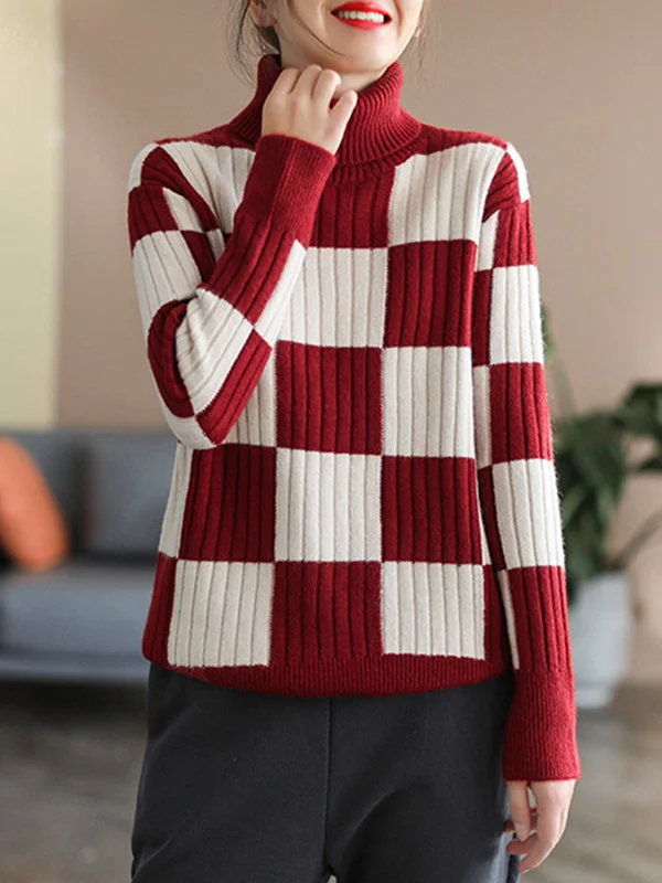 Original 5 Colors Plaid High-Neck Long Sleeves Sweater Top