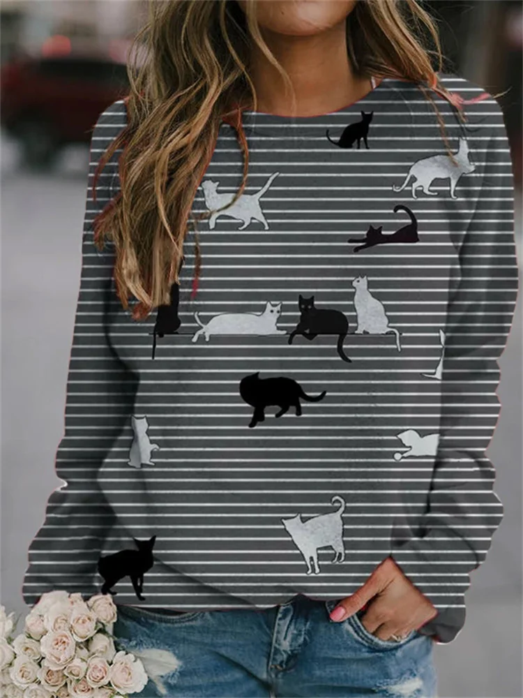 Funny Cats Art Striped Sweatshirt