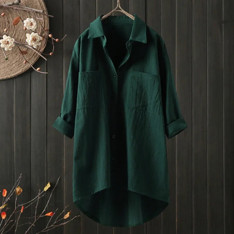 Brownm Brownm Women's Clothing 2025 Spring And Autumn Casual Style Pure Shirt Women Loose Cotton T-Shirt Double Pocket Long-Sleeved Top