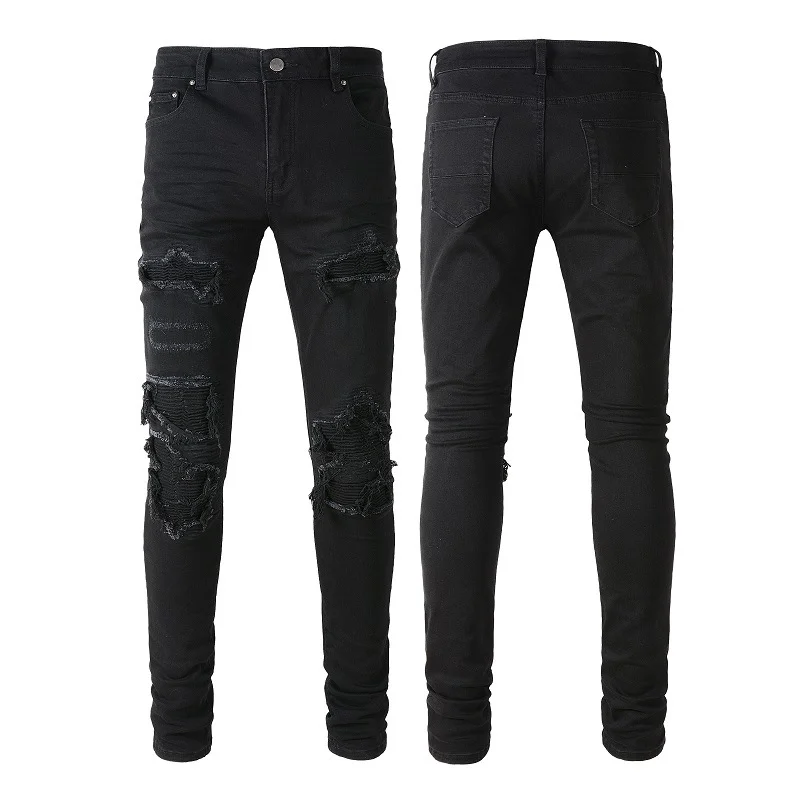 Men's Gangster Style Jeans Black Pleated Street Ripped Boys Jeans