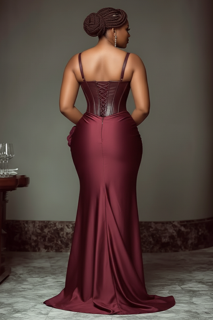 PU Leather Contrast 3D Flower Wrapped Party Cami Maxi Dresses-Red [Pre Order]