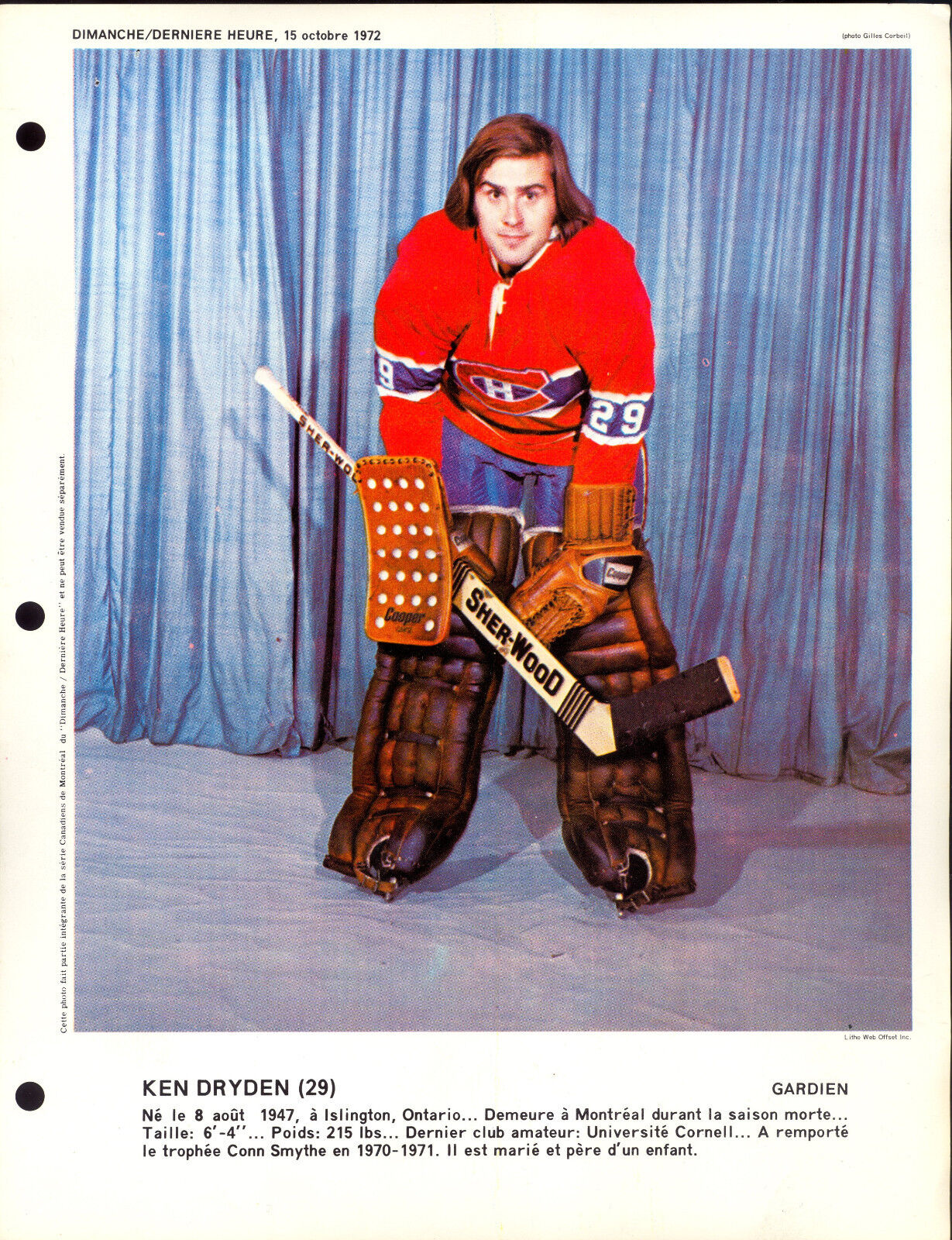 1972 KEN DRYDEN MONTREAL CANADIENS French Magazine DIMANCHE DERNIERE 8X11 Photo Poster painting