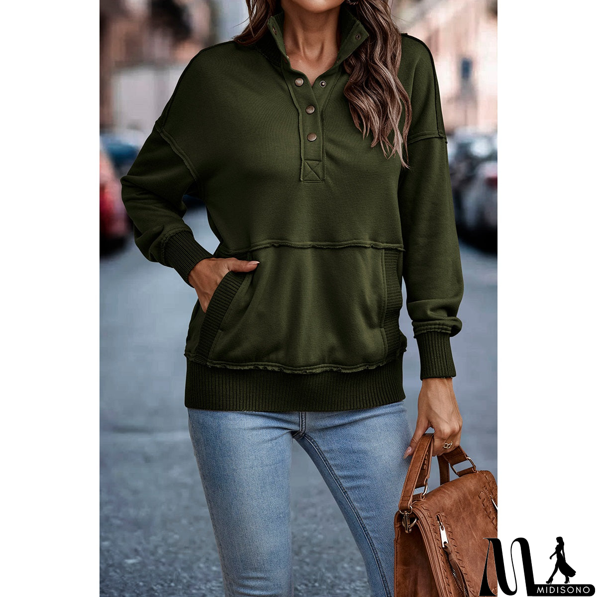 MidiSono - Chic Collared Block Button-Up Sweater