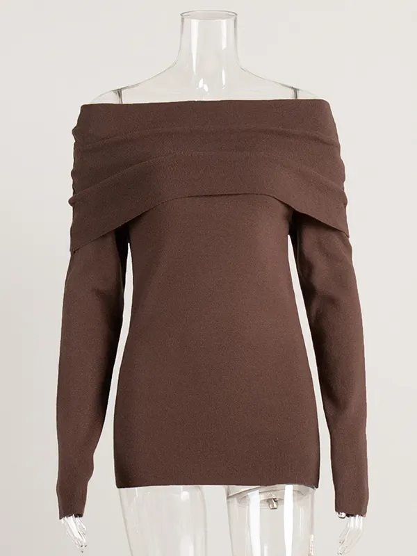 Long Sleeves Loose Solid Color One-Shoulder T-Shirts Tops