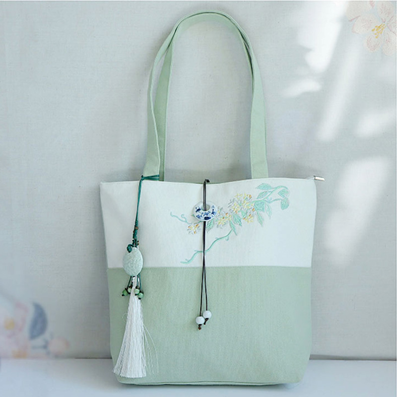 Plum Embroidery Color Block Vintage Tote Bag