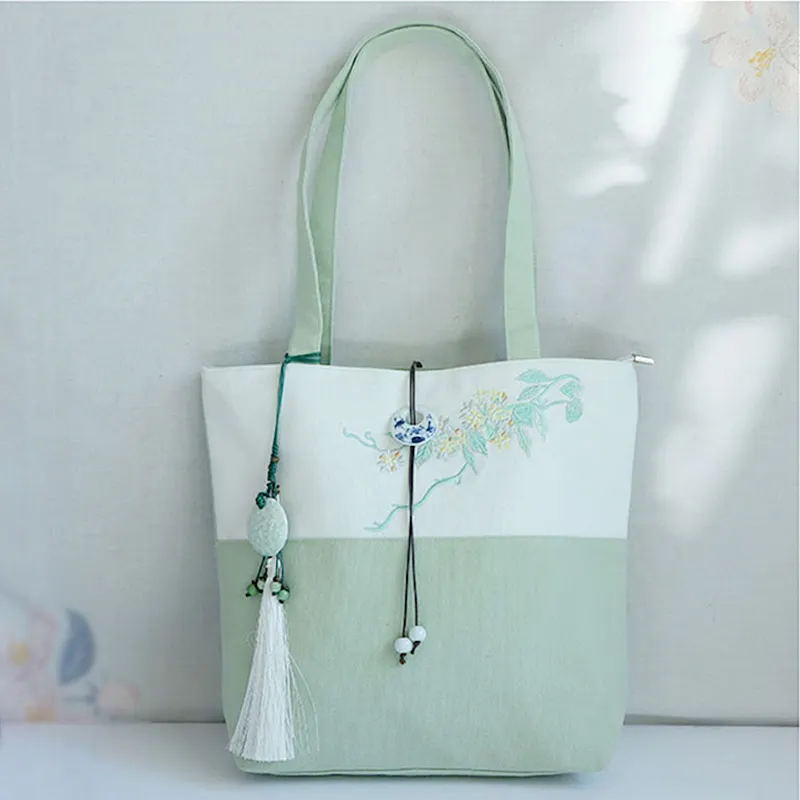 Plum Embroidery Color Block Vintage Tote Bag