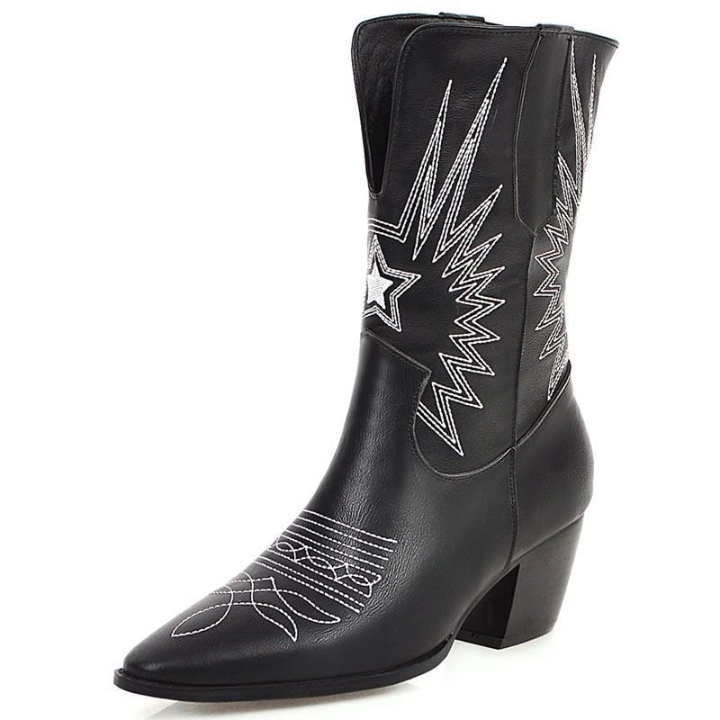 Women's  Pointed Toe Embroidery Color Matching PU Leather Chunky Heel Slim Short Boots Mid Calf Boots Novameme