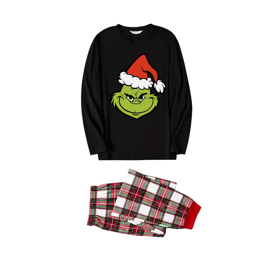 Christmas Cartoon Pattern Print Black Long Sleeve Top with Red & White & Green Plaid Family Matching Pajamas