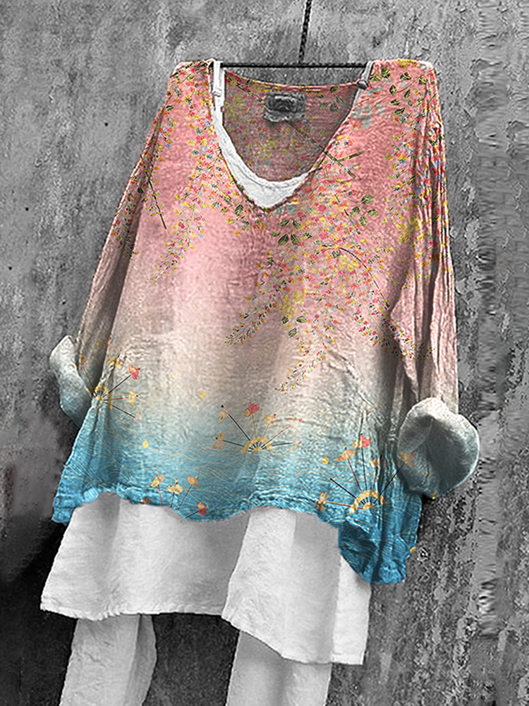 Comstylish Women's Japanese Floral Gradient Art V-neck Linen Blend T-shirt