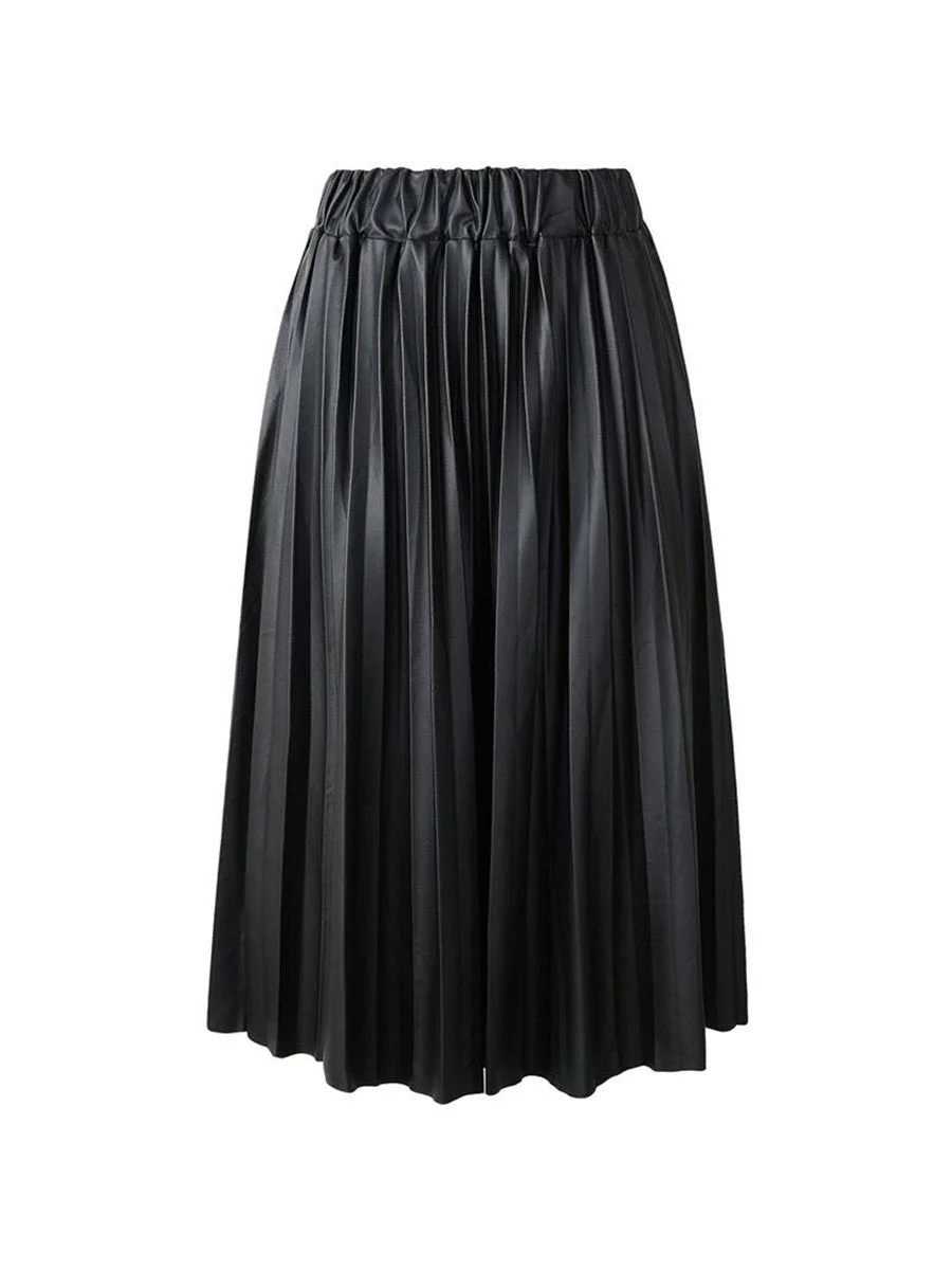 Ladies Midi Skirt Black PU Faux Leather Pleated Skirt