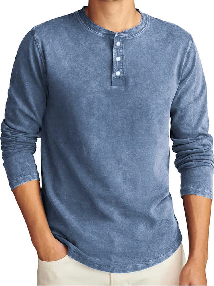 Men's Vintage Distressed Long Sleeve Casual T-Shirt Henley Shirt