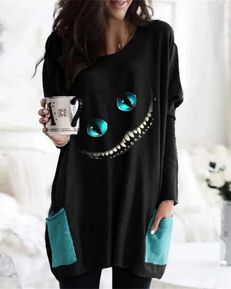 Halloween Spooky Cat Face Patch Pocket Tunic
