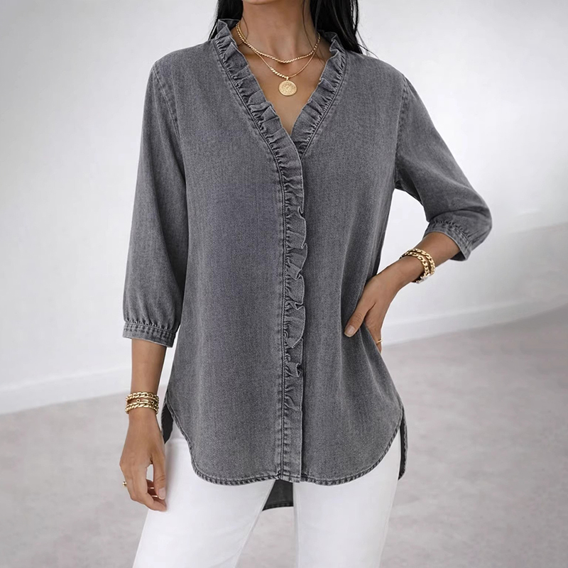 Women's Casual Imitation Denim V-neck Ruffle Shirt elevenforest