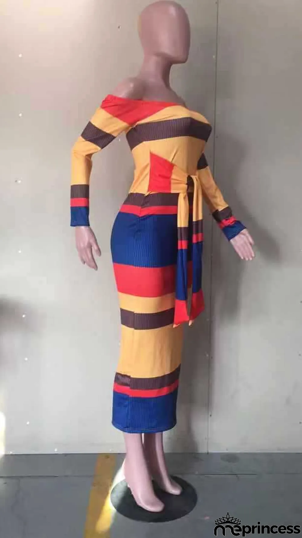 Colorful Stripe Slash Neck Long Sleeves Maxi Dress
