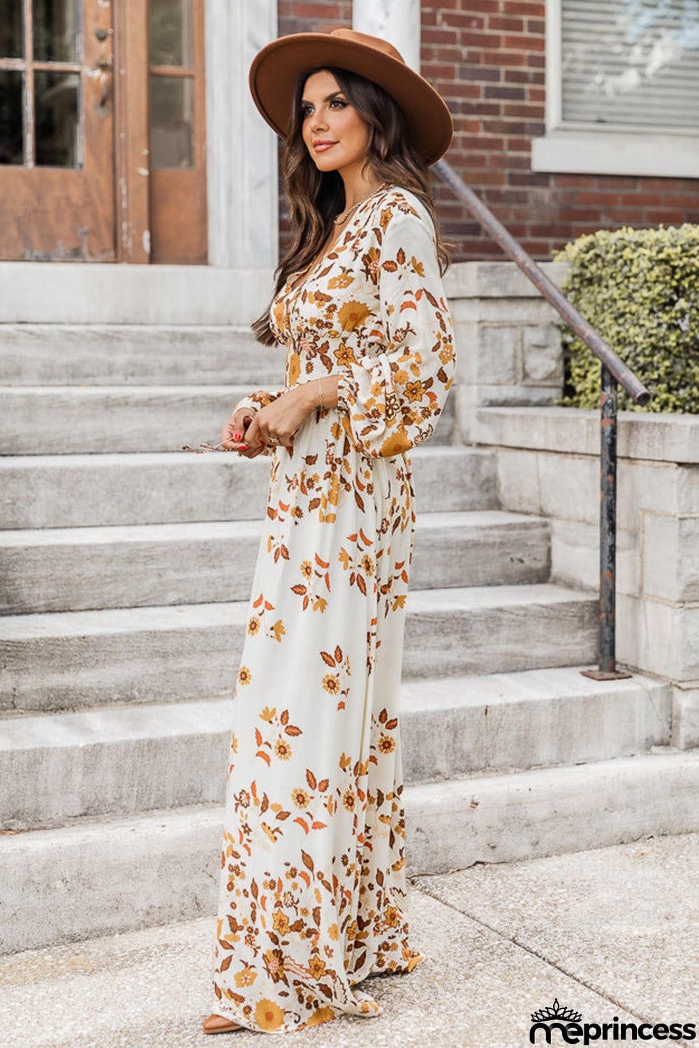 Leaf Print V Neck Puff Sleeve Maxi Dress