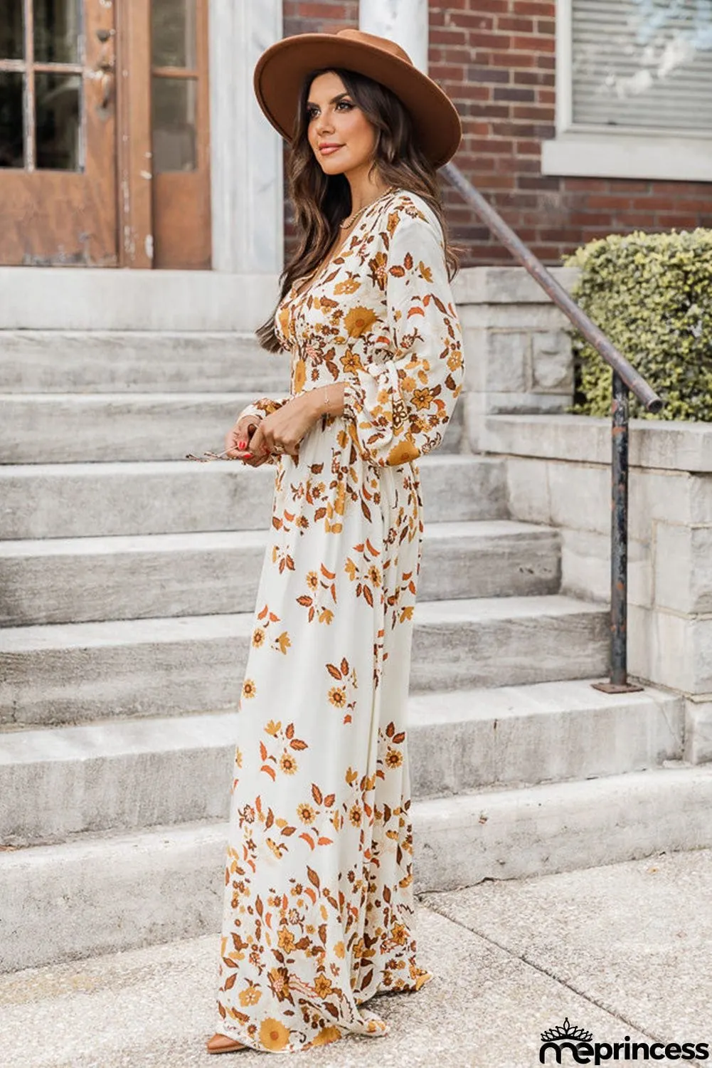 Leaf Print V Neck Puff Sleeve Maxi Dress