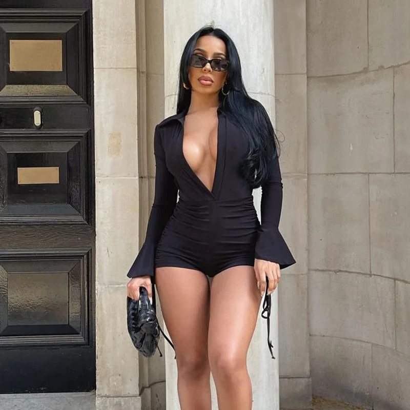 BIIKPIIK V-Neck Long Sleeve Bodycon Playsuits Basic Female Skinny Drawstring One Piece Biker Shorts Romper Casual Jumpsuits