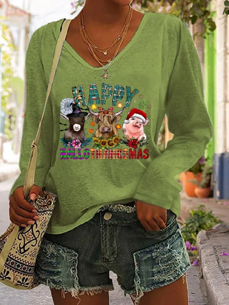 Vefave Animal And Flower Print Casual Long Sleeve T Shirt