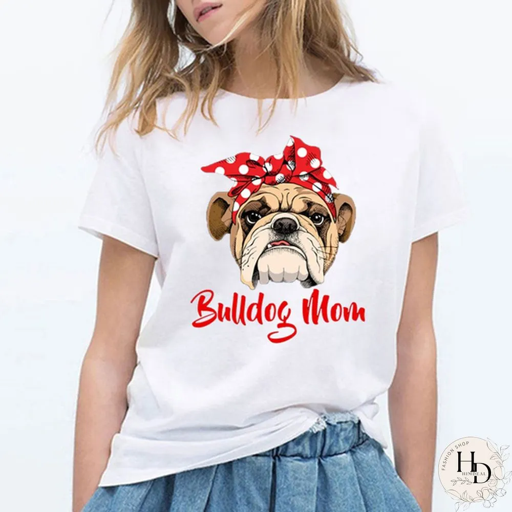 Funny Bulldog Mom Shirt for Women Casual Cotton T-shirt Femme Summer Short Sleeve White
