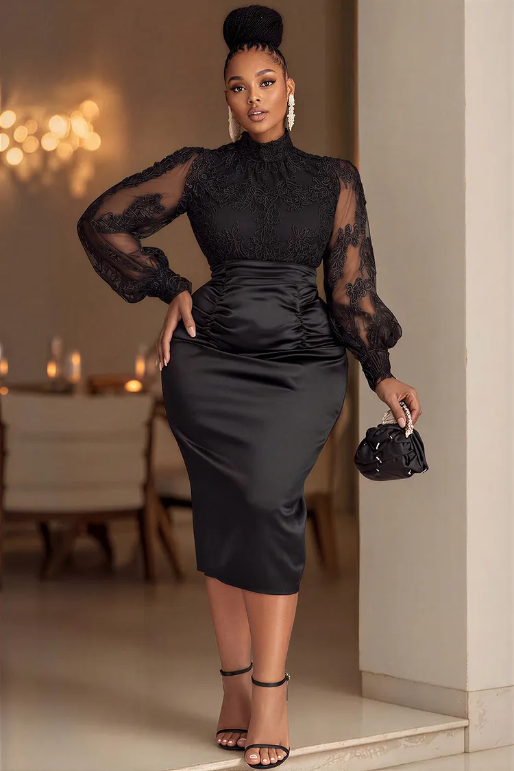 Xpluswear Design Plus Size Cocktail Party Satin Black Mock Neck Lantern Sleeve Long Sleeve Fold See Through Lace Midi Dresses [Pre-Order] 2024 - Xpluswear