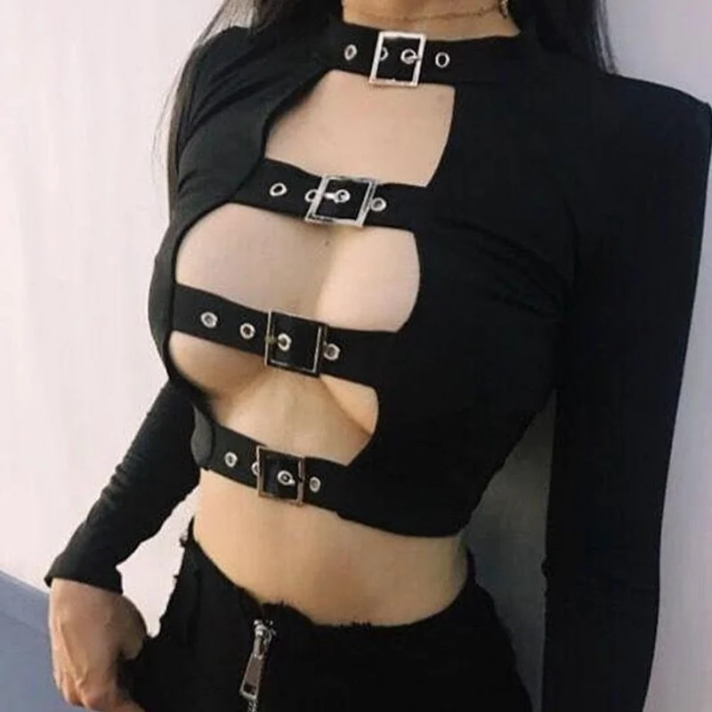 InsGoth Sexy Women Crop Tops Hollow Out Buckle Long Sleeve Female Bodycon Tops Gothic Punk Black Tops Streetwear Party Lady Tee