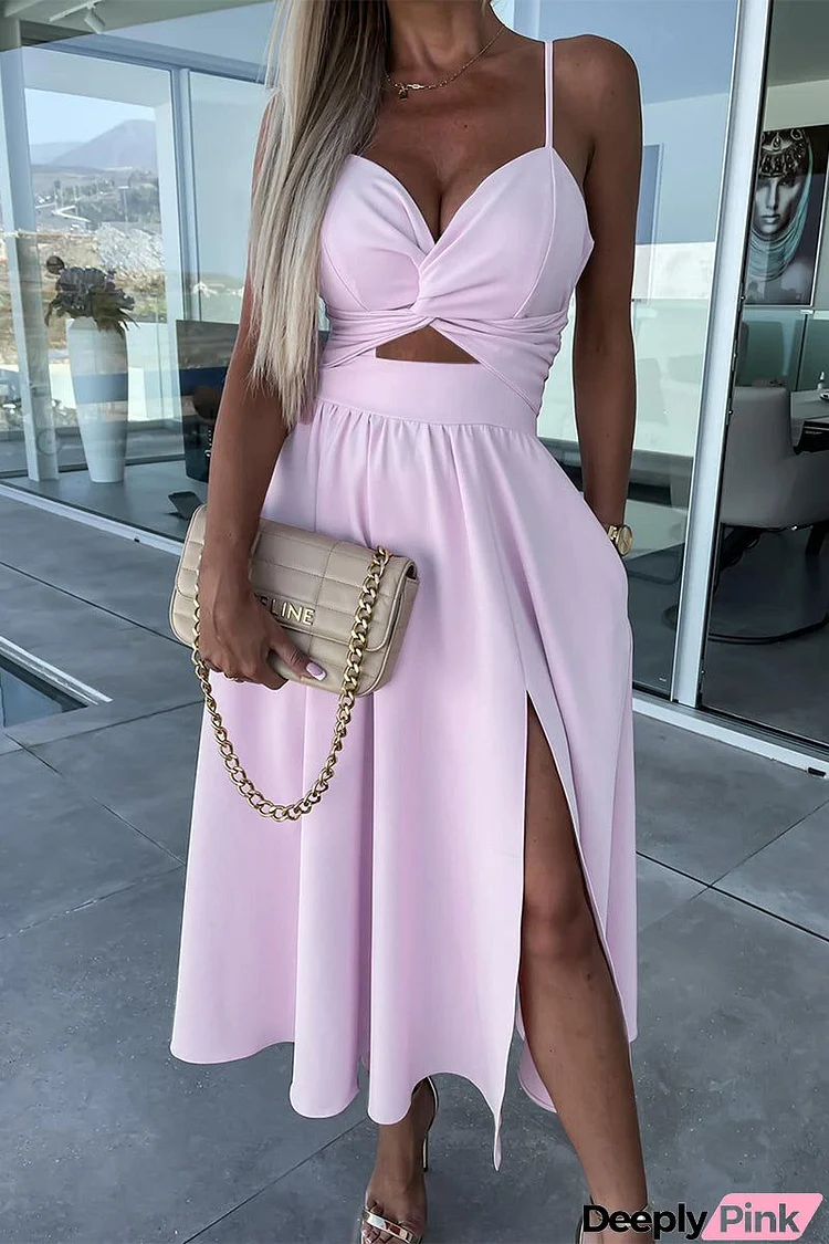 Casual Sweet Solid Slit V Neck Sling Dress Dresses