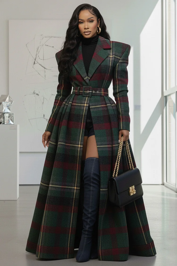 Plaid Lapel Collar Long Sleeve Cinched Waist Long Overcoat-Green [Pre Order]