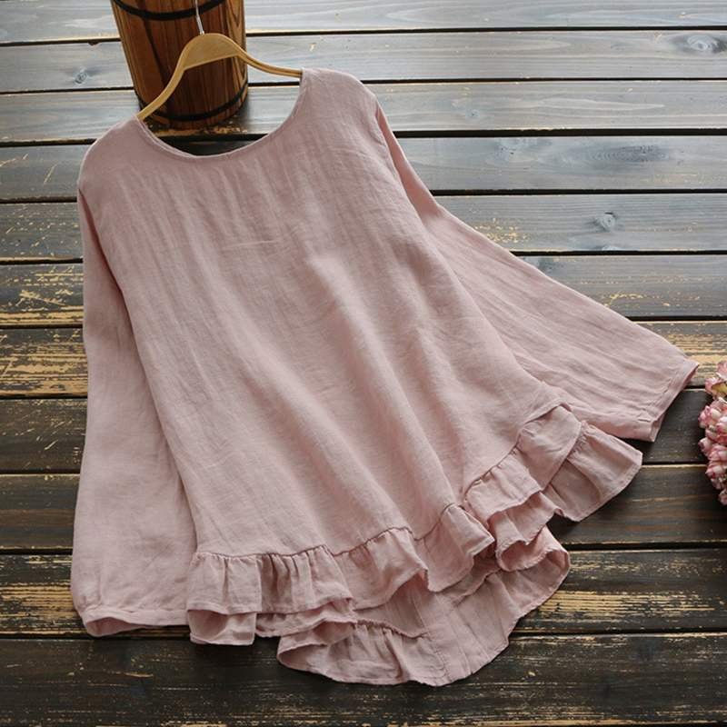 Vintage Women Ruffles Blouse ZANZEA Spring O Neck Long Sleeve Tops Casual Loose Cotton Linen Shirts  Blusas Femininas