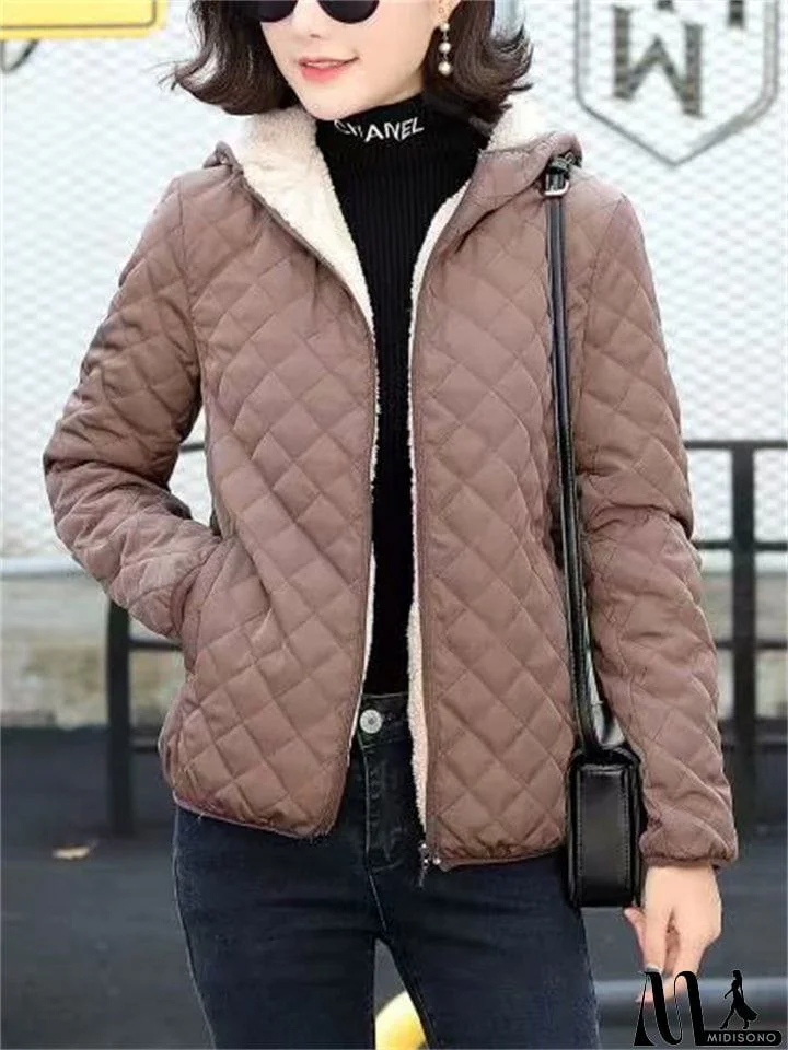 MidiSono - Women's Sports Style Solid Color Plush Liner Short Coat with Hood