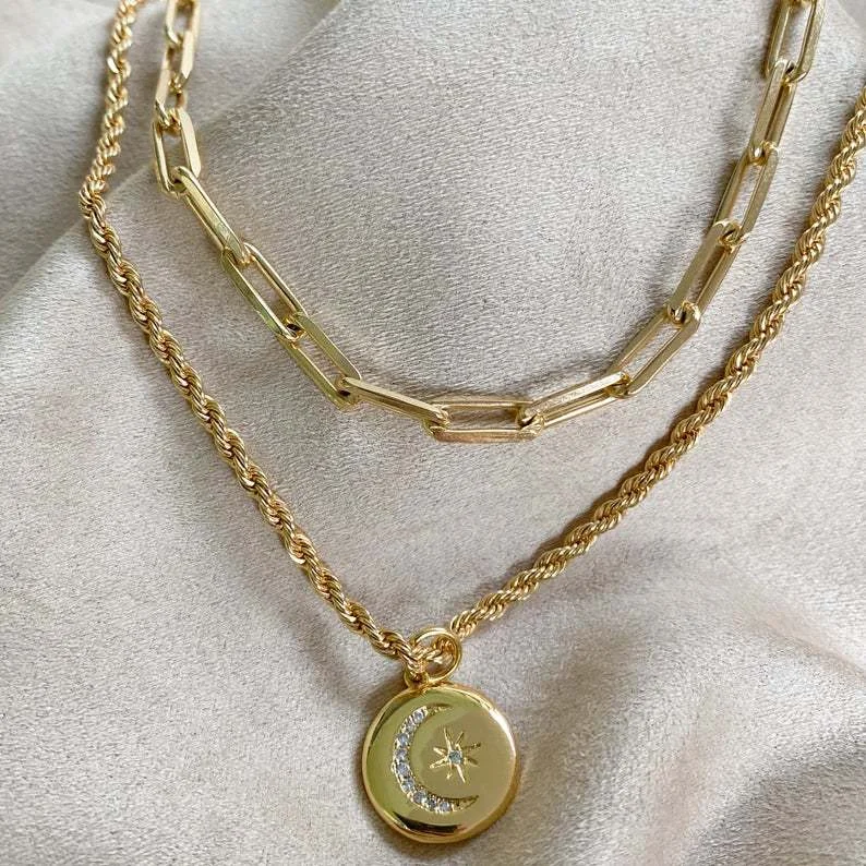 Fashion Layered Twist Full Diamond Star and Moon Necklace