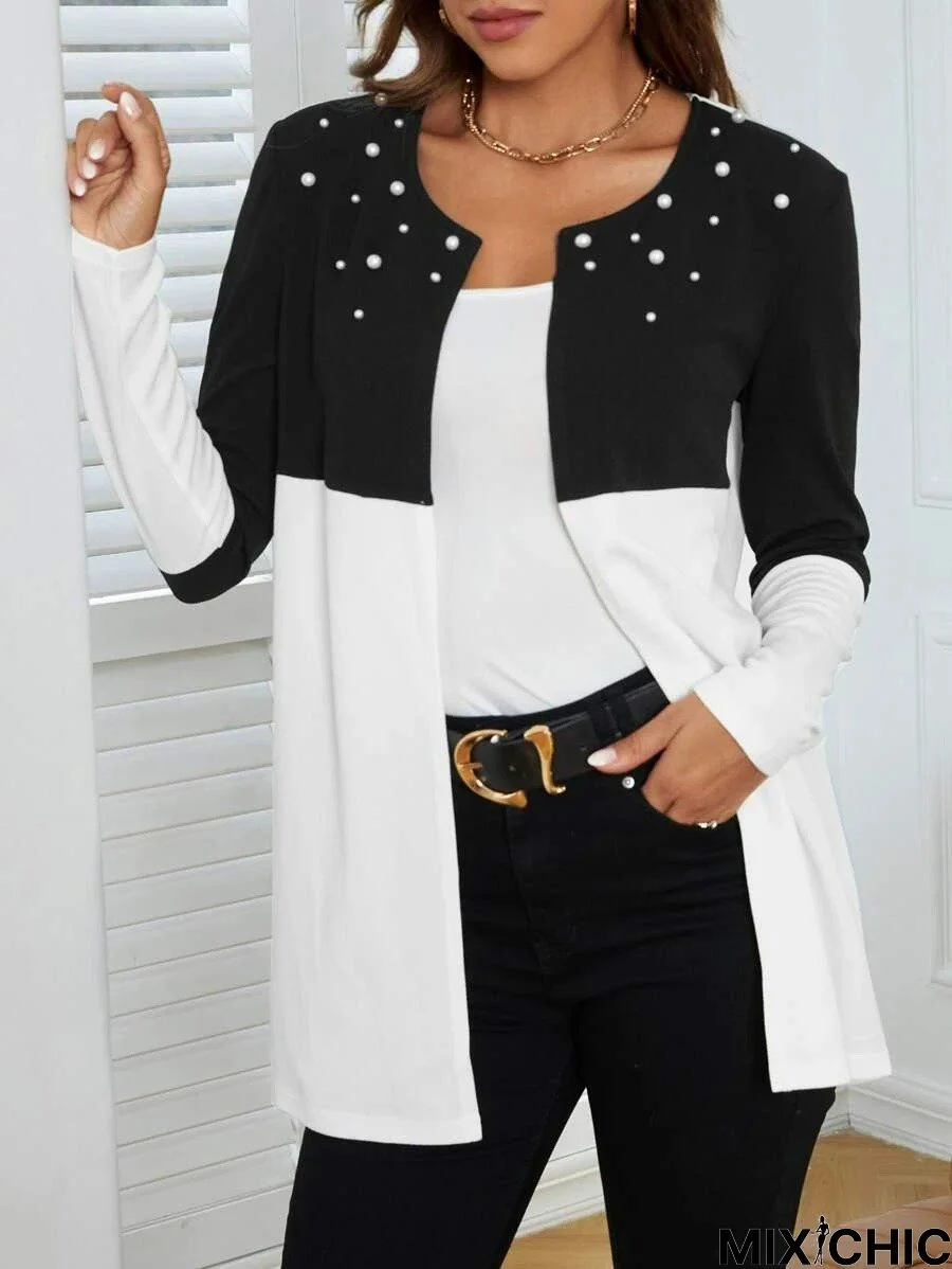 Urban Simple Two Tone Pearl Beaded Cardigan