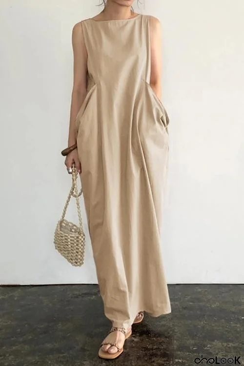 Linen Deep Pockets Sleeveless Maxi Dress