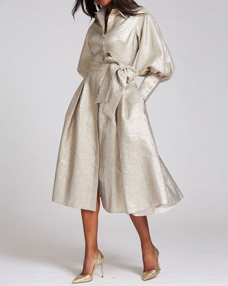 Puff sleeve midi dress shirt collar