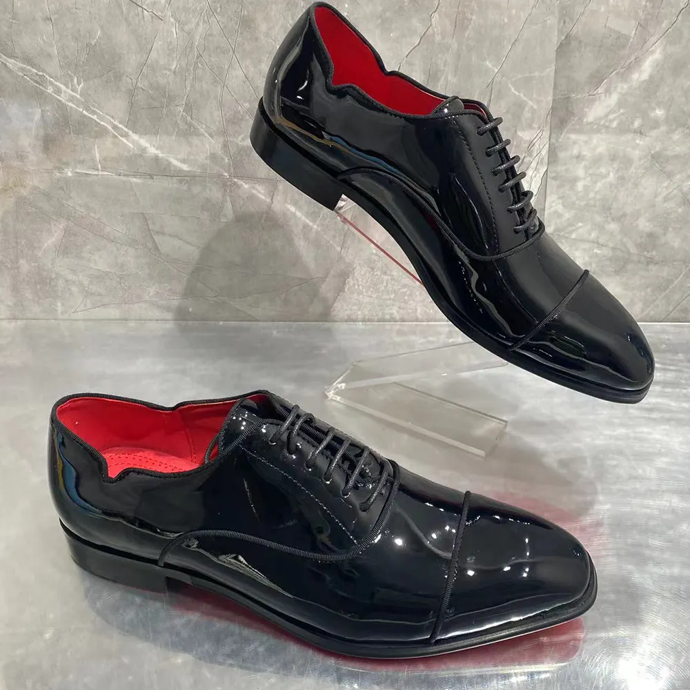 Gentleman's Lace-Up Prom Party Wedding Red Bottom Shoes in Patent Leather V-shaped Notches-vocosishoes