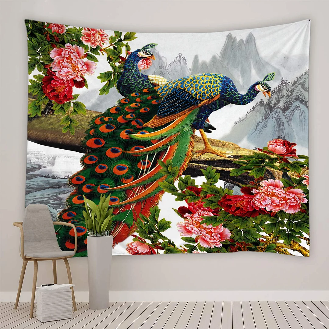 Sdrawing Forest Bird Peacock Couple Tapestry Home Bedroom Living Room Background Wall Decoration
