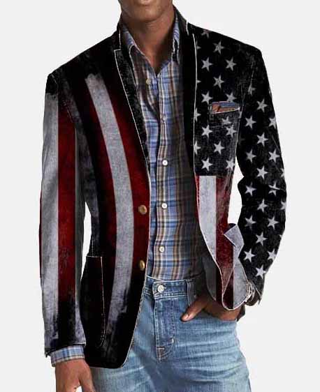 Striped Star Print Patchwork Single Breasted Blazer